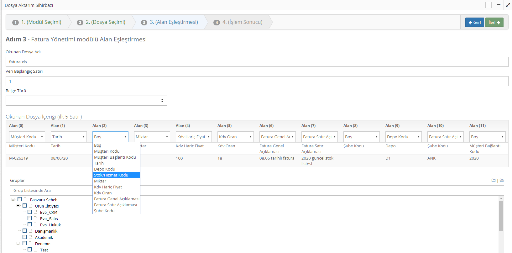 Excelle fatura aktarmak